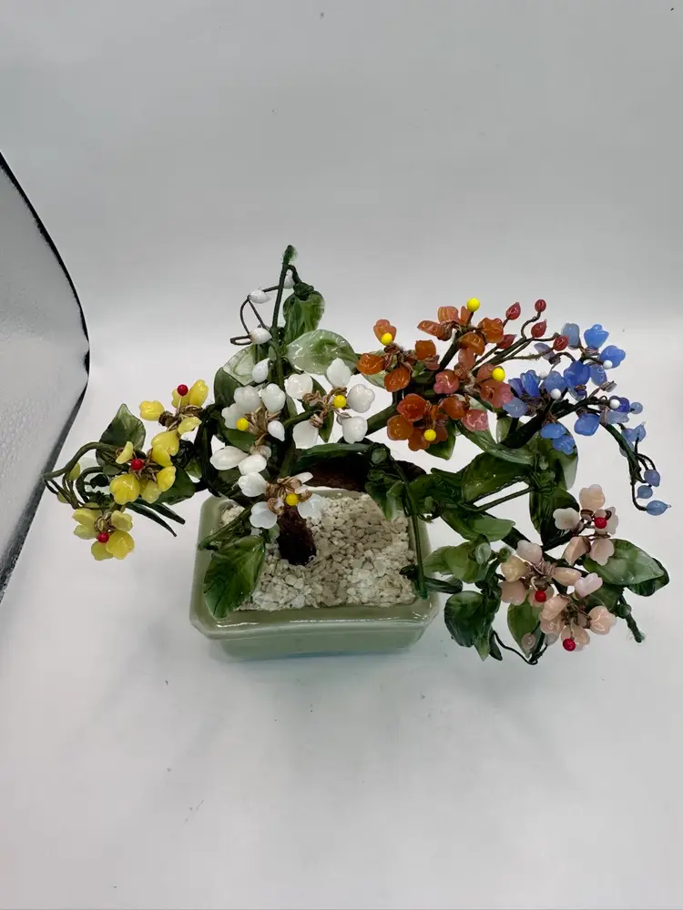 Vintage Bonsai Tree Jade Glass Japanese Oriental Floral Blossom Ceramic Pot