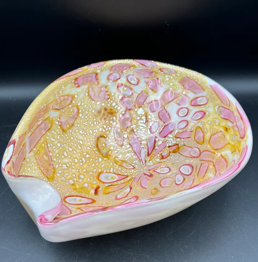 Vintage Murano Art Glass Bowl Pink Cased W/ Silver  Flakes 9" Original Sticker