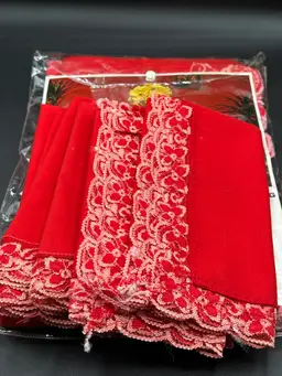 Vintage Montgomery Ward Red Lace Trim 52x70 Oblong Tablecloth & 8 Napkins