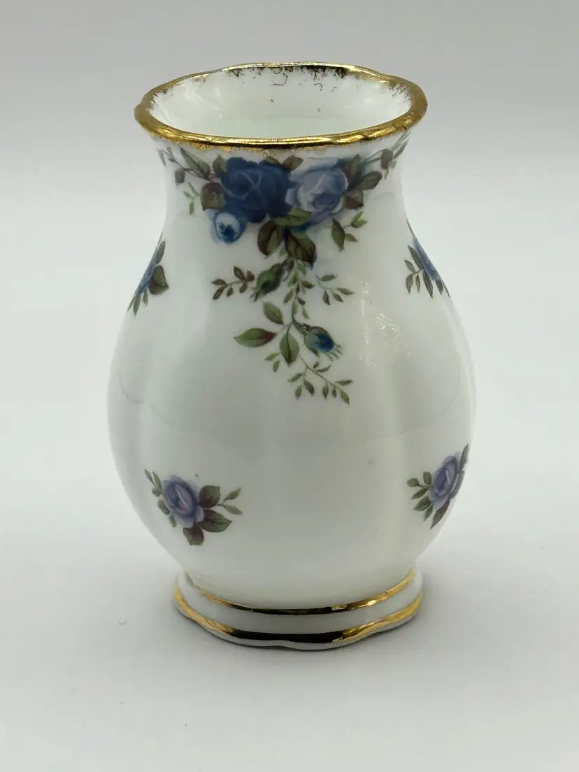 Vintage 1987 Moonlight Rose Pattern Floral Miniature Porcelain Vase with Gold Trim, Elegant Blue Flower Design, By Royal Albert, Made In England