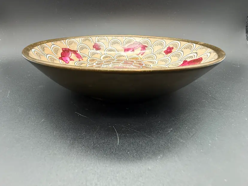 Vintage Chinese Brass Encased Decorative Bowl with Seigaiha Wave & Koi Fish