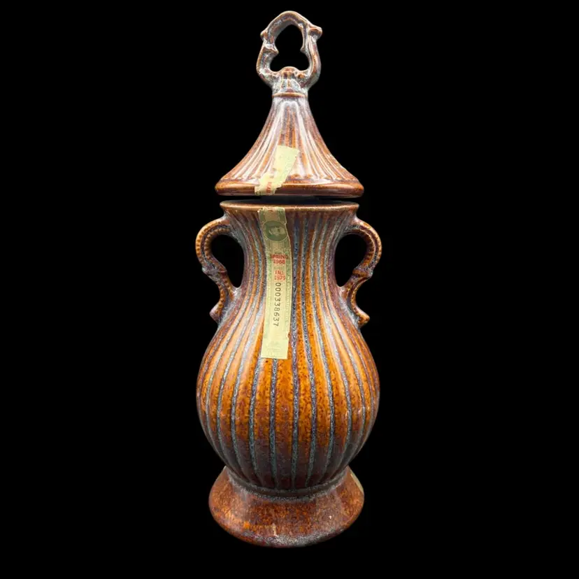 #238A 1979 Jim Beam "Bonded Mystic" Urn Style Whiskey Decanter Manufactured by Regal China. Ceramic Ribbed With A Beautiful Brown Glaze. Two Fancy Handles And A Distinct Lid