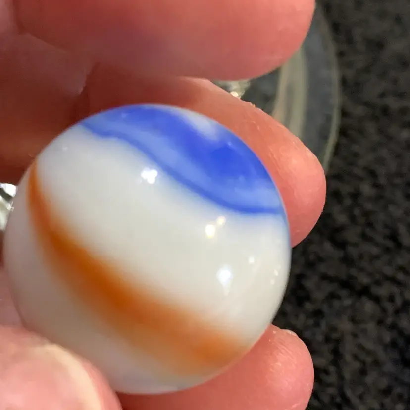 White w/Orange, Green & Blue Swirl Glass Marble 1"