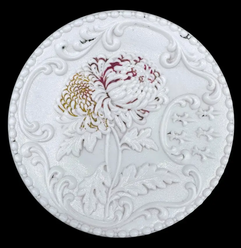Antique Milk Glass Plate Chrysanthemum Flower Floral Fleur De Lis Round 6.25β