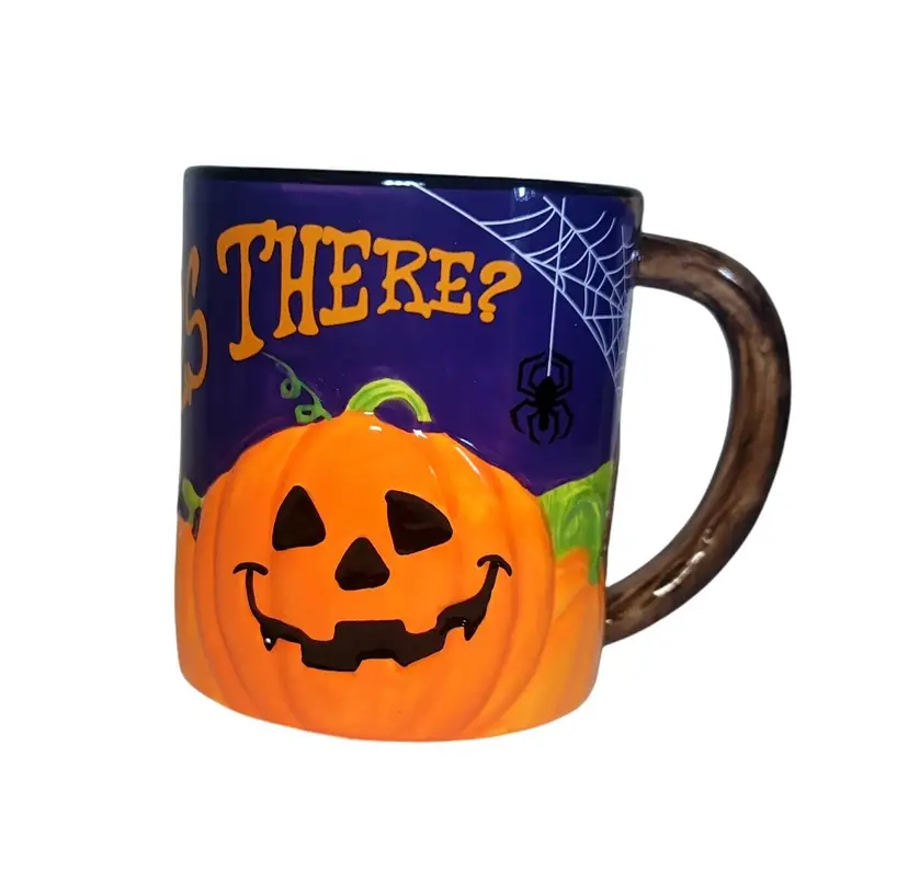 Vtg Whoooo Goes There? Halloween Fall Coffee Tea Mug With Owls Pumpkins Spiders