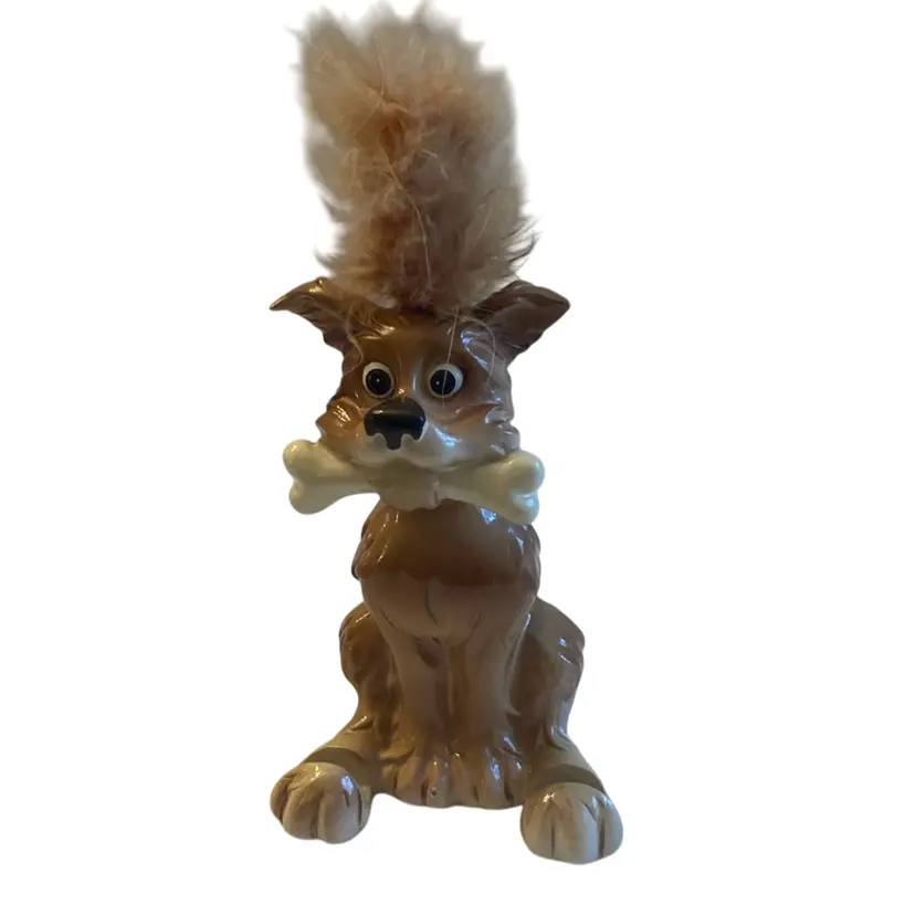 Vintage Porcelain Dog With Furry Head To Hold Business Cards