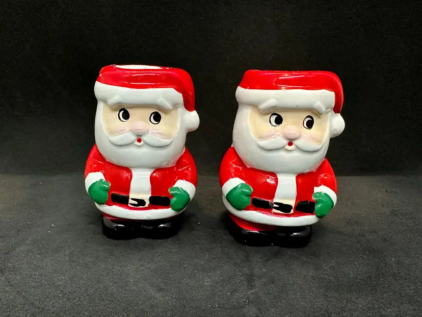 Vintage Handmade Santa Christmas Set Candle Holder Napkin Ceramic Clay Taper Kitsch