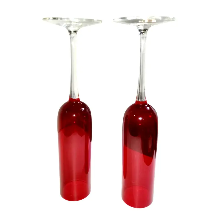Set of Two Vintage Ruby Glass Champagne Flutes with Clear Stems