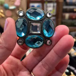 Gold Tone Metal Aqua Blue Rhinestone Brooch Pendant 2”