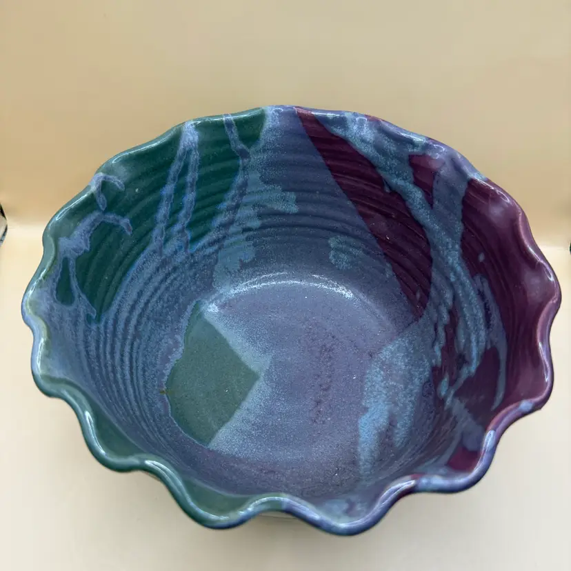 Hand Made Nancyware Outer Banks Purple Green Ruffle Pottery Bowl 8.5x4”
