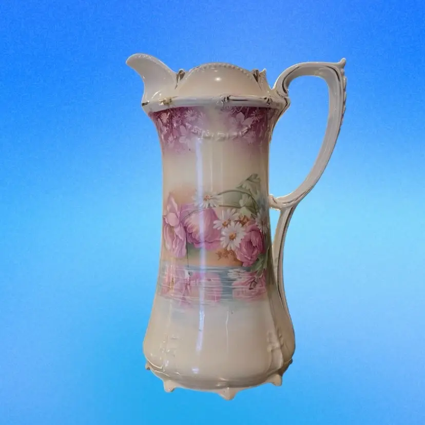 RS Prussia Chocolate Pot Pitcher Vase Floral Reflective Pond Antique AS IS
