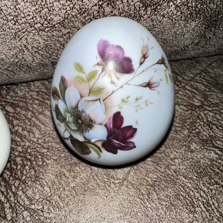 Hand painted Floral Ceramic Eggs Set of 2 One Green One Blue