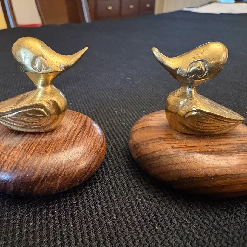 Miniature Brass Ducks On Wood Pedestals