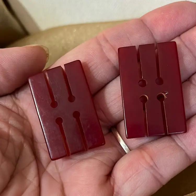 2 Red Flat Back Vintage Bakelite Buttons  1 1/4” Long Tested