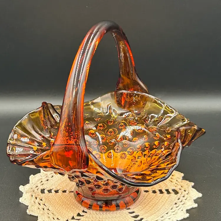 Vintage Fenton Art Glass Amber Hobnail Ruffled Edge Basket