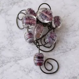 Vintage Art Glass Bead Brooch Purple Swirl Wire Wrapped Statement Pin Unique