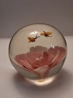 Large 4" Art Glass Flower and Bees Paperweight