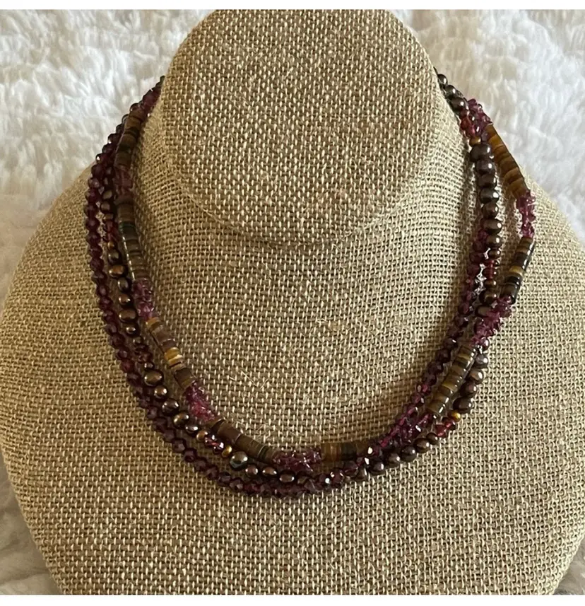 Heishi and natural garnet triple strand necklace, sterling silver