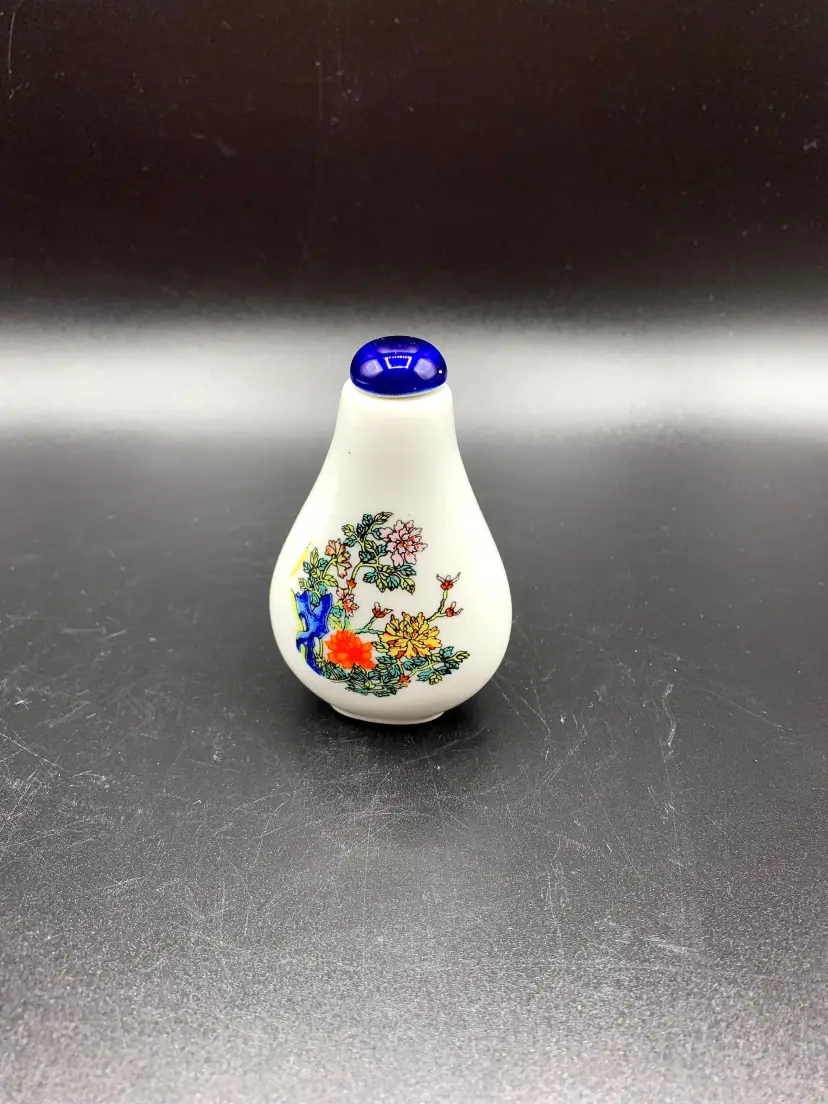 Vintage Snuff Bottle  Asian Blue Bird and Floral Motif 1970s Snuff Bottle Miniature Snuff Bottle Asian Snuff Bottle 70s Decor Asian Motif