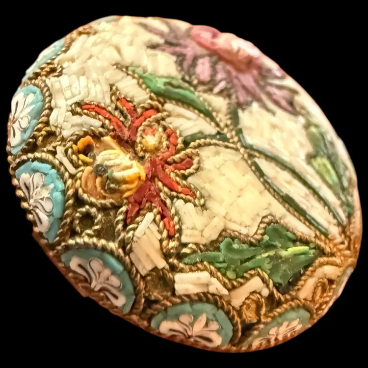 Antique Victorian Micro Mosaic Raised Tile Floral Brooch 1”