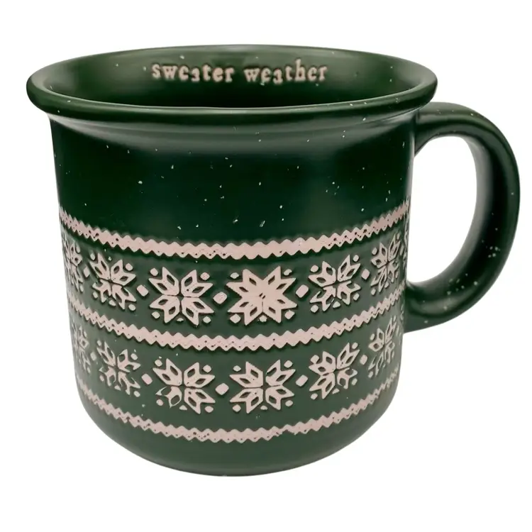 Holly & Joy Coffee Mug, 16 oz, Forest Green w/Pink, "Sweater Weather", Winter