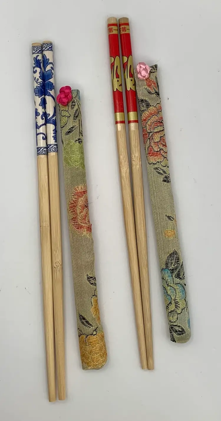 Two Pair Fancy Wood Chopsticks With Fabric Covers (bamboo?)
