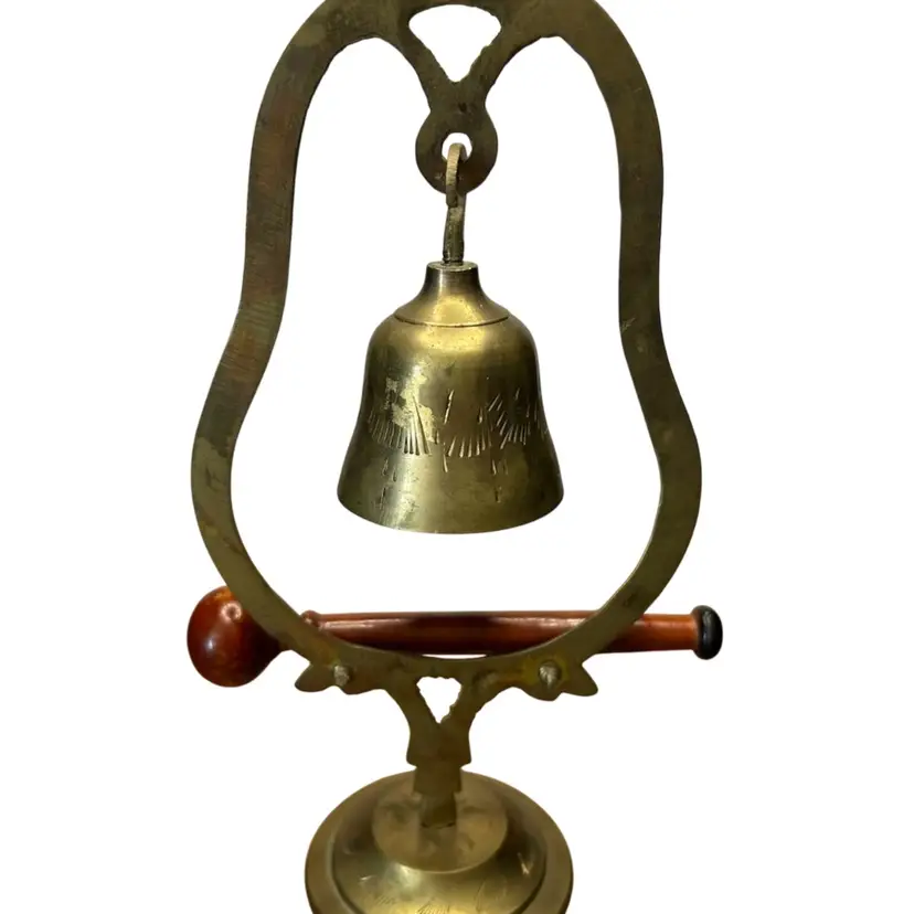 Vintage Brass Bell Gong Set Engraving And Patina On Bell With Wooden Striker 
@8 1/2” Tall