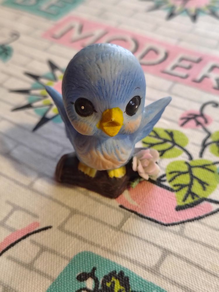 Vintage Little Bluebird Figurine | Sweet Little Bisque Porcelain Birdie Perched Next to a Flower | 1970s-1980s Made in Japan