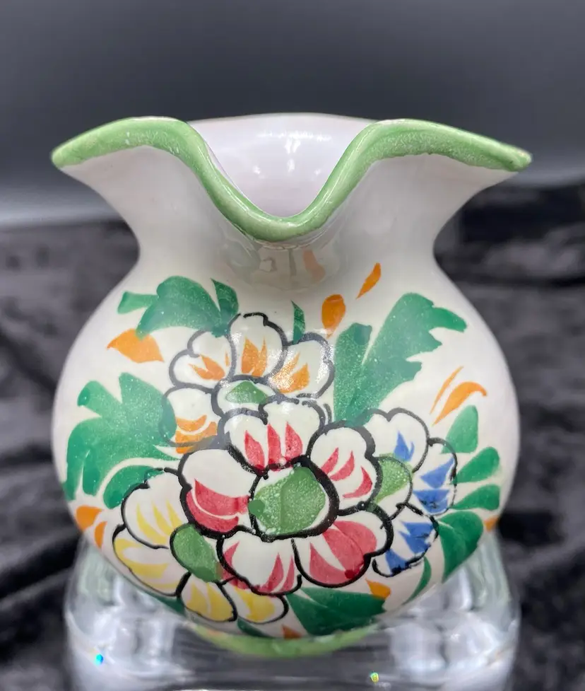 Small Vintage Italian Majolica Creamer/Pitcher, Hand-Painted Florals, Colorful