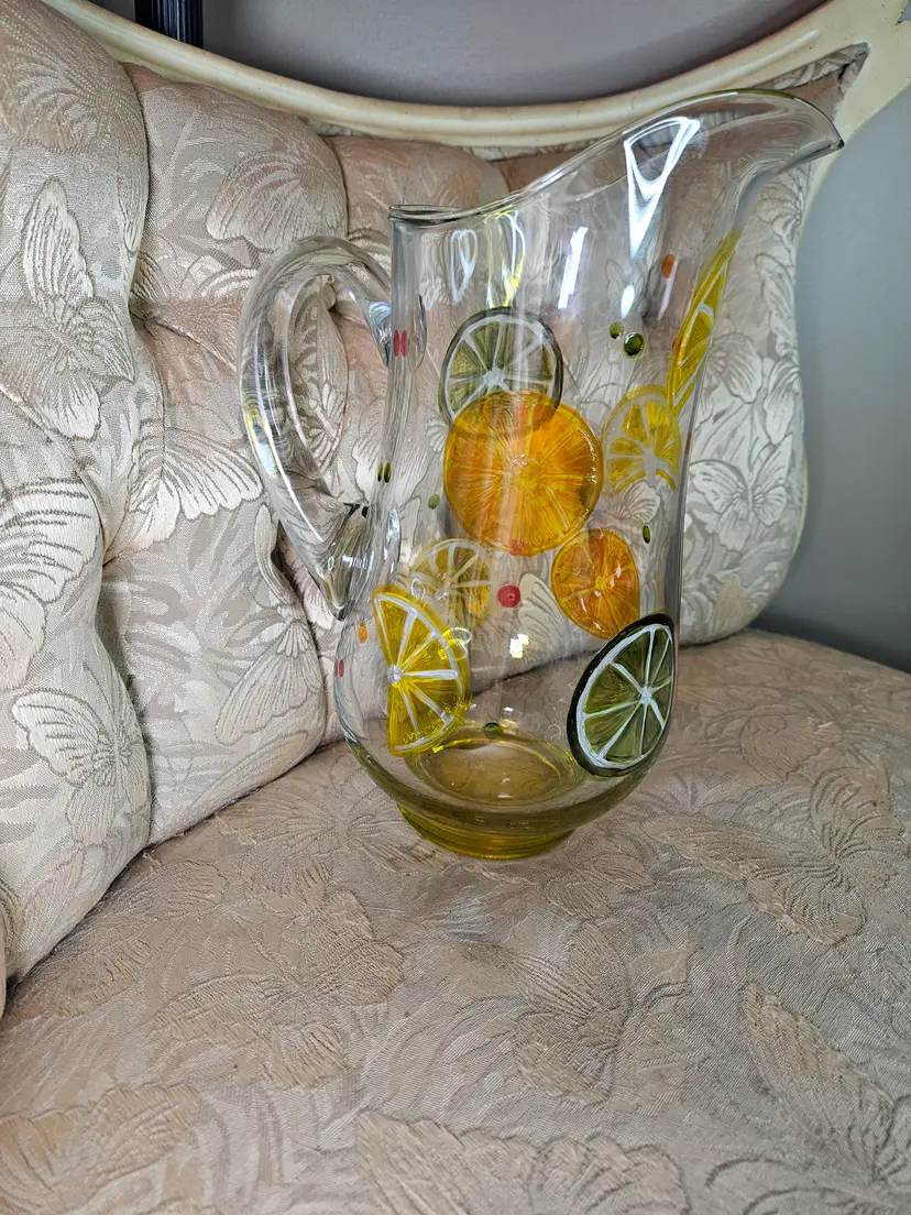 Hand Painted Clear Glass Pitcher  With Lemons,Limes And Oranges