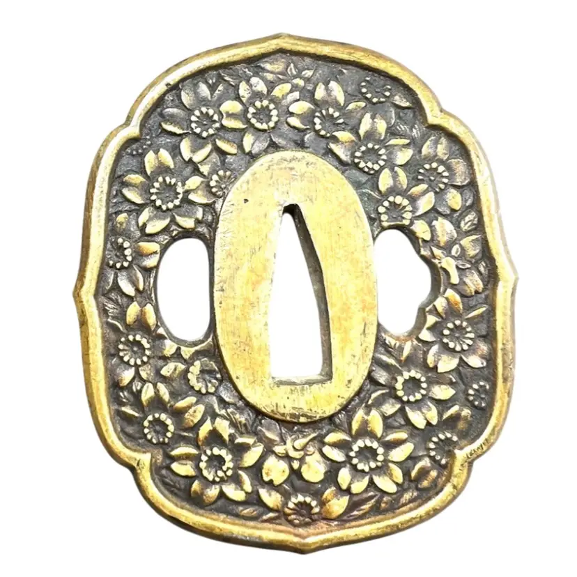 World War II Brass Civilian Sword Tsuba; Double-sided Sakura Flower Design. 3” x 2-1/2” x 3/16”