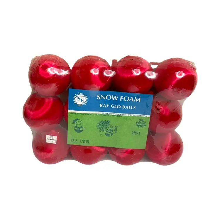 Vintage Snow Foam Ray Glo Balls Red Satin Christmas Ornaments- NOS Pack Of 12