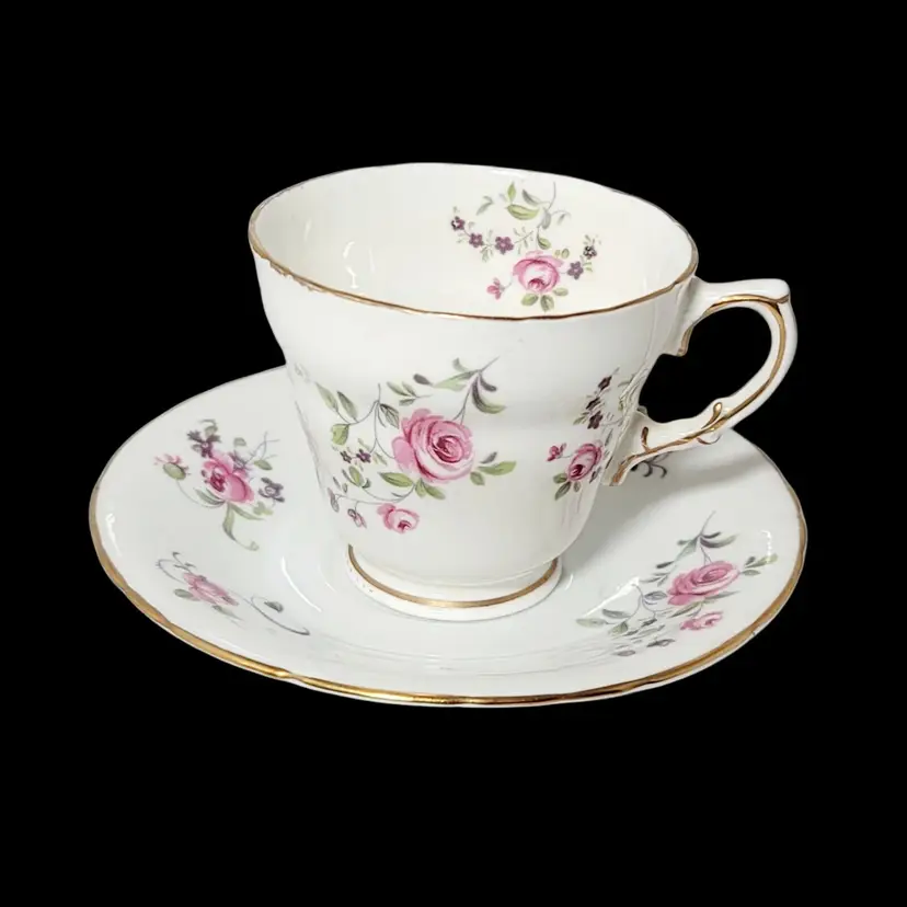 Vtg Sutherland H M Fine Bone China Tea Cup and Saucer Set Pink Roses Floral England