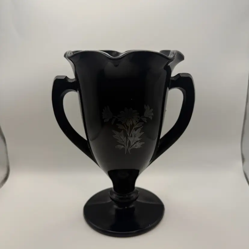 1930s L.E. Smith Black Amethyst Glass Trophy Vase - 8 In