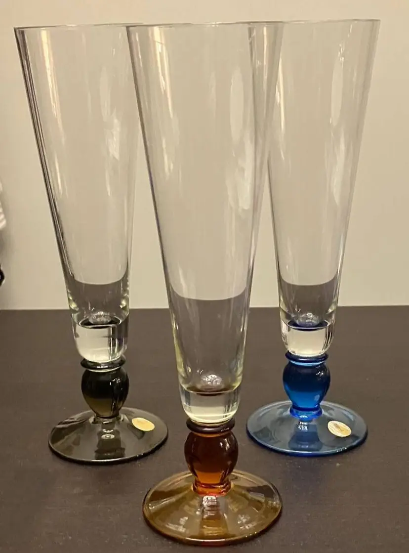 Set of 3 Tall Pilsner Footed Glasses, Colored Glass Bottoms