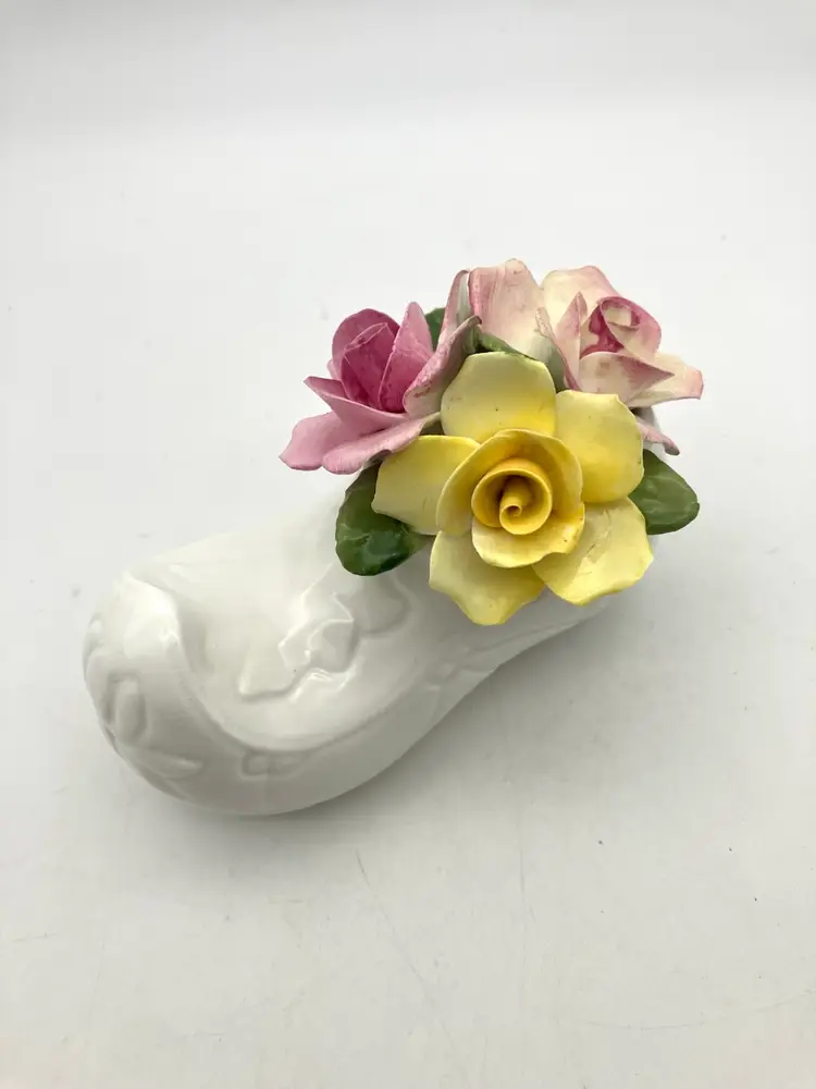 BIN - Vintage Bone China Shoe With Pink And Yellow Flowers - England