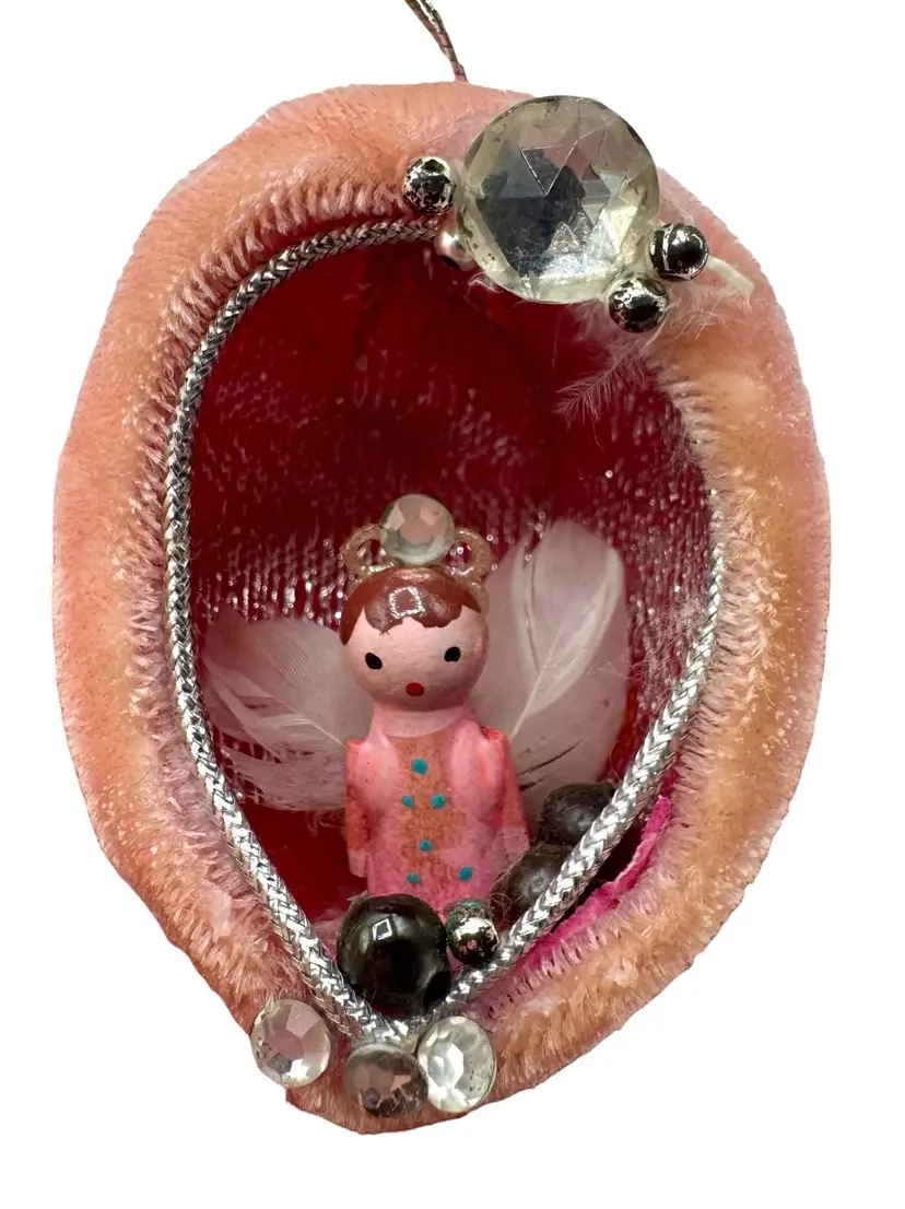 Vintage Egg Diorama Christmas Ornament Angel Fairy Pink Silver Rhinestones 2.5”