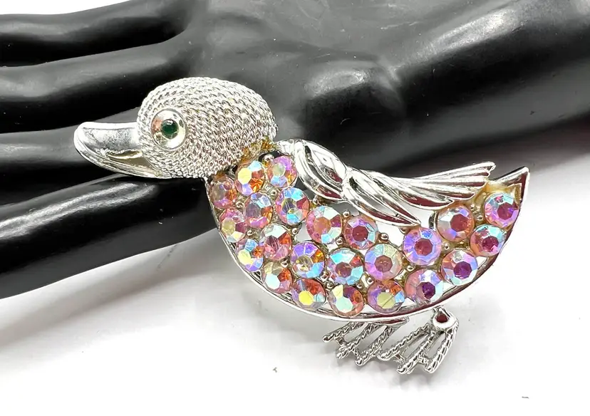 Coro Rhinestone Duck Brooch, Vintage 50's CORO Signed, Pink AB Glass Rhinestone Body, Green Rhinestone Eye, Vintage Duck Pin