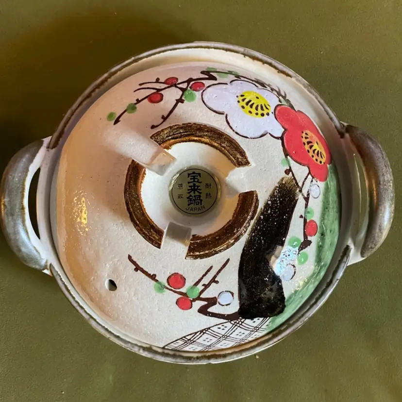 Japanese Earthenware Donabe Casserole Pot & Lid Kikyo Flower Made In Japan