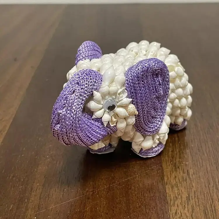 Sea Shell Encrusted Elephant With Purple Trim & Googly Eyes Vintage Folk Art