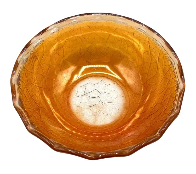 Vintage Jeanette Carnival Glass Bowl Crackle Marigold Round Orange Textured 7.5”