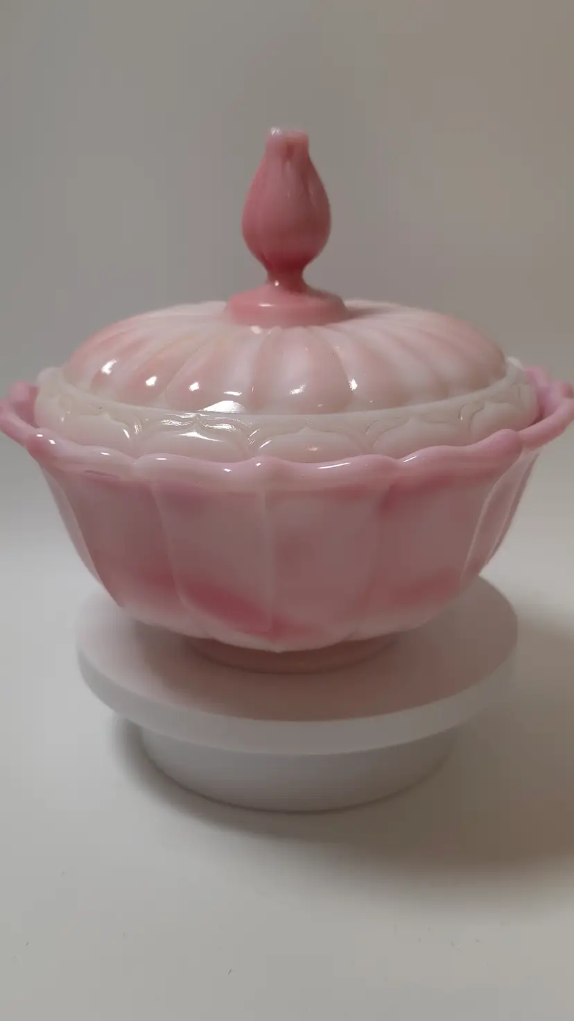 Vintage Fenton Rosalene Ogee Covered Candy Dish Pink Slag Glass No Base