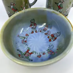 Irish Porcelain Wade Co Armagh Irish Porcelain Leprechaun Bowl & Cups Mushrooms Gnomes