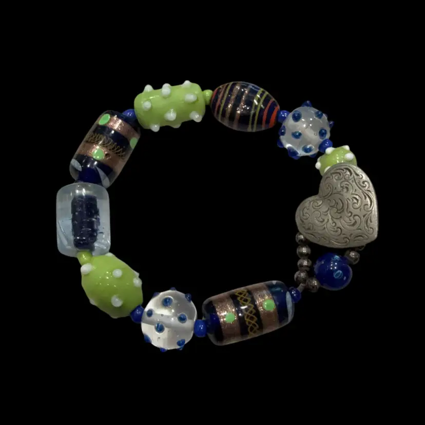 Vintage 1985 Danforth Pewterers Art Glass Bead Bracelet, 8”