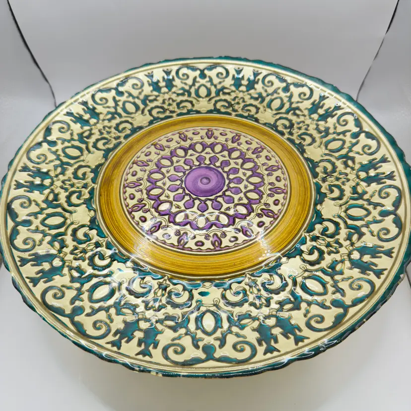 Vintage Turkish Moroccan Style 3D Footed Cake Stand, Ceramic Decorative Fruit Meat Platter, Intricate Floral Design, By Topkapi, Made in Turkey