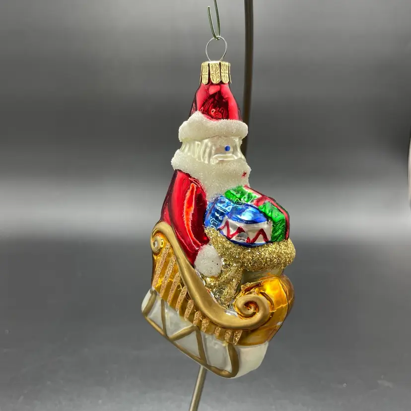 Czech Republic Hand Blown Glass Santa in Sleigh Hanging Christmas Ornament