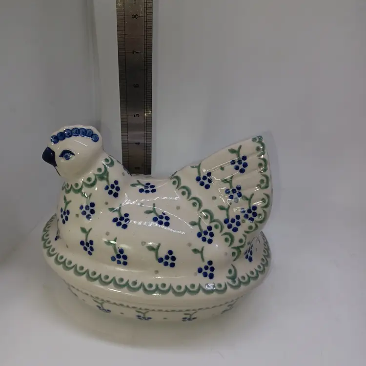Vintage Boleslawiec Polish Pottery Hen On Nest 7 In Blueberry