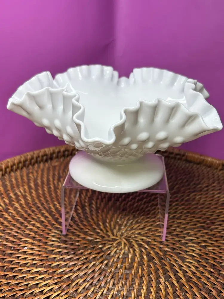 Vintage  Fenton Hobnail  Milk  Glass Ruffled And Crimped  Bowl