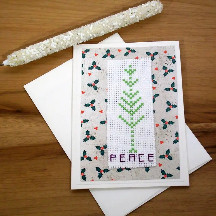Cross Stitch Christmas Holiday Blank Greeting Cards Tree of Peace and Angel of Joy