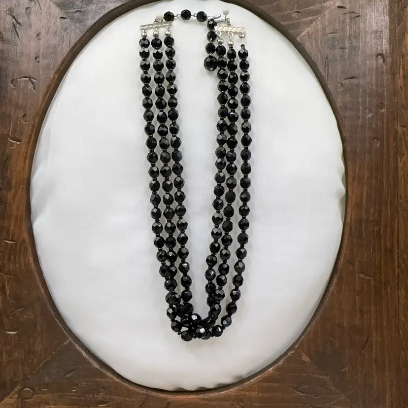 Vintage Glass Bead Necklace Black Faceted Triple Layered 16”